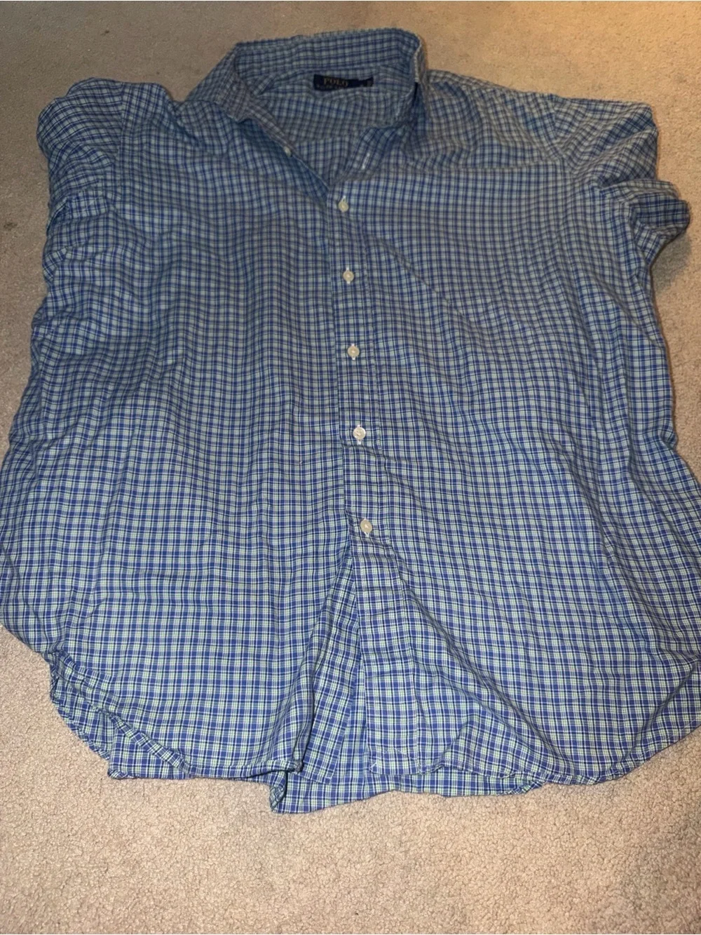 Polo Ralph Lauren button-down shirt features a blue and green plaid pattern XL